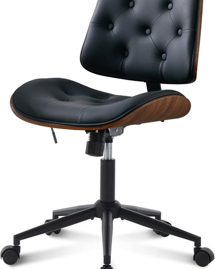 Armless Home Office Chair with Wheels, PU Leather Adjustable Height Computer Desk Chair, 360 Swivel Small No Arms Chair, Modern Button Walnut Style for Office, Reading Meeting Room(Black)