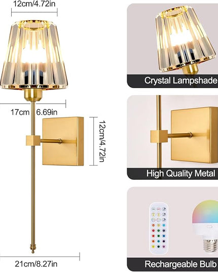 Battery Operated Crystal Wall Sconces Set of 2,Gold Rechargeable Wireless Wall Sconces with USB Dimmable 15 Colors Modes Led Wall Lights, Wall Lamp for Bedroom Living Room Entryway ,2 Bulbs Included
