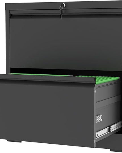 2 Drawer File Cabinet with Lock, Black Metal Lateral Filing Cabinets for Home Office, Heavy Duty Steel Horizontal Locking Storage Cabinet for Legal/Letter/A4 Size File, Assembly Require