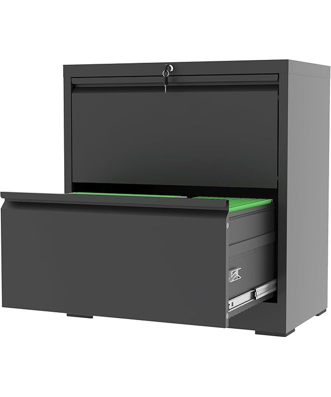 2 Drawer File Cabinet with Lock, Black Metal Lateral Filing Cabinets for Home Office, Heavy Duty Steel Horizontal Locking Storage Cabinet for Legal/Letter/A4 Size File, Assembly Require