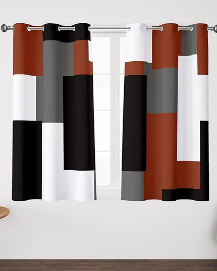 Burnt Orange 100% Blackout Curtains for Bedroom 45 inch Length 2 Panels Set White Grey Modern Abstract Geometric Fall Black Out Curtains Insulated Room Darkening Small Window Curtains, 42Wx45L
