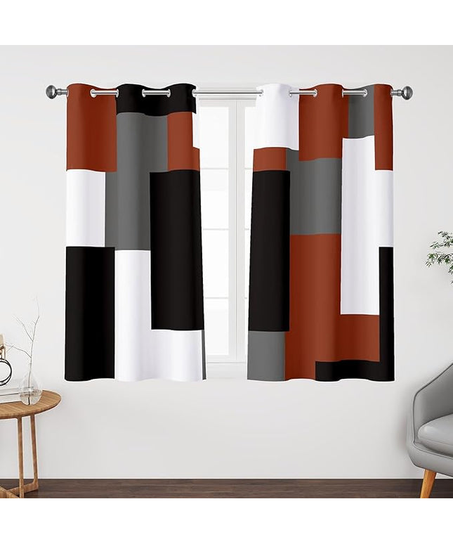 Burnt Orange 100% Blackout Curtains for Bedroom 45 inch Length 2 Panels Set White Grey Modern Abstract Geometric Fall Black Out Curtains Insulated Room Darkening Small Window Curtains, 42Wx45L