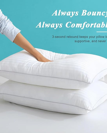 Bed Pillows Queen Size Set of 2-100% Cotton Cover, Down Alternative Gel Polyfill Filled, Flat Soft Medium Adjustable Hotel-Style Pillow Inserts, 20x30 Inch