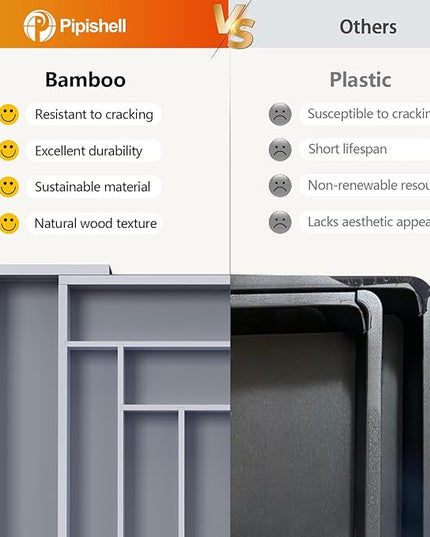 Pipishell Bamboo Expandable Drawer Organizer for Utensils Holder, Adjustable Cutlery Tray, Wood Drawer Dividers Organizer for Silverware, Flatware, Knives in Kitchen, Bedroom, Living Room(Grey)