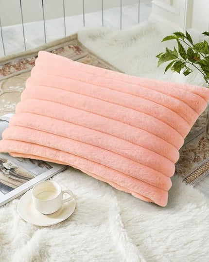 decorUhome Faux Fur Spring Throw Pillow Covers 12x20 Set of 2, Decorative Soft Plush Striped Neutral Couch Euro Pillow Covers with Velvet Back for Sofa, Bed, Living Room Home Decor, Blush Pink