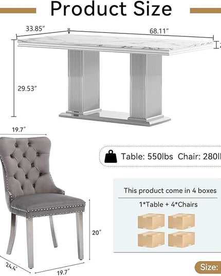 HomVent 68.11'' Faux Marble Dining Table Set for 4, Modern Rectangle Kitchen Table with Stainless Steel Base (Silver Table with 4 Grey Chairs, 5 Pieces)