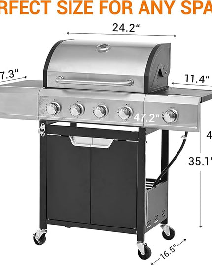 Upgraded 51,000 BTU Stainless Steel Burner Barbecue Grill, 4 Burner BBQ Propane Gas Grill with Side Burner, 452 sq.in Cooking Area with Porcelain for Patio, Camping, Outdoor Cooking