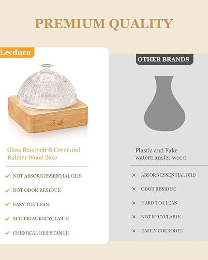 Glass Essential Oil Diffuser with Glass Reservoir & WoodBase, 200ml Ultrasonic Lock Color Timer Auto-Off 7 Color Light Aroma Glass Dome Diffuser for Home Office Bedroom Yoga