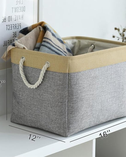 TheWarmHome Storage Basket for Organizing - Fabric Large Cubes 3 Pack 16x12x12 inch Baskets, Cube Storage Bin for Shelves Organizer Closet Cloth Gift Toy (Gold & Grey)