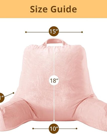 Sasttie Reading Pillow, Velvet Back Pillow for Bed Sitting Up, Adult Back-Rest Support Cushion with Arms for Sit Up on Couch, Sofa, and Floor, Dorm Essentials, Reading Accessories, Peach