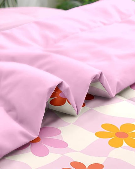 Comforter Set Full Size, Retro Daisy Pink 7 Pcs Bedding for Kids and Adults, Hippie Aesthetic Kids Bed Sheet Sets with Fitted Sheet 2 Pillowcases & 2 Shams for Bedroom Bed Decor