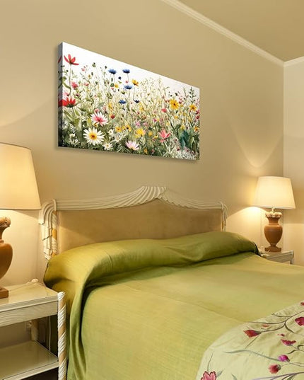 KZKU Watercolor Floral Botanical Prints Wildflower Pictures Wall Decor Colorful Plant Paintings Canvas Prints 24" x 48" Wall Art for Living Room Bedroom Office Home Decor Ready to hang