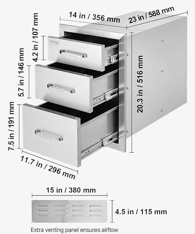 VEVOR 14x20.3 Inch Outdoor Kitchen Drawers Stainless Steel, Flush Mount Triple Drawer, 14W x 20.3H x 23D Inch, with Stainless Steel Handle, BBQ Drawers for Outdoor Kitchens or BBQ Island