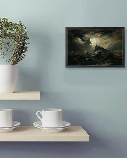 Aubeeba Lighthouse Wall Art Landscape Poster Framed Stormy Sea With Lighthouse Decor, Vintage Canvas Artwork for Bedroom And Office Decorations 12x16 inches