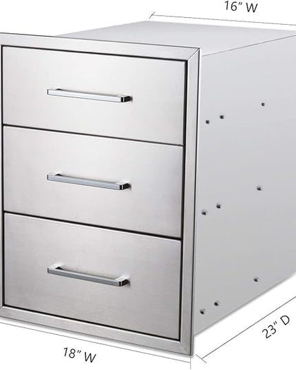 18" W x 24" H x 23" D Stainless Steel Outdoor Kitchen Drawers BBQ Drawer Triple Access Drawers Flush Mount for Outdoor Kitchens Or BBQ Island