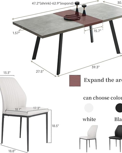 47.2"- 62.9" Extendable Dining Table Set for 4, Modern Kitchen Table with 4 PU Leather Chairs, Thickened Expandable MDF Wooden Table with Metal Legs for Dining Room, Kitchen, Living Room