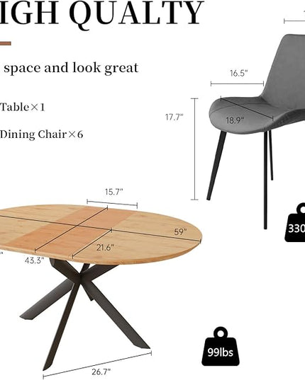 43.2"-59.1" Extendable Round Dining Table Set of 7, Round Kitchen Table with Thickened MDF Board, Oak Coffee Table,Steel Legs