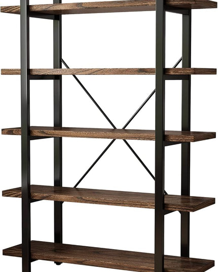 5-Tier Industrial Style Solid Wood Bookcase and Book Shelves,Rustic Wood and Metal Shelving Unit， Living Room,Modern Rustic Open Industrial Book Shelf Office,Distressed Brown (AY-02-5Tier)
