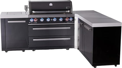 Mont Alpi MAi805-BSS90XL 6-Burner 94"x88" L-shaped Premium Black Stainless Steel Outdoor Kitchen Island BBQ Gas Grill with Infrared Side & Rear Burners + Granite Countertops + Full Cover + Rotisserie