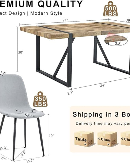 FURNITO Wood Dining Table Set for 8, 71" Large Rectangular Kitchen & Dining Room Table with 8 Fabric Linen Chairs, Modern Farmhouse Dining Set for Home, Living Room, Office, or Conference Room