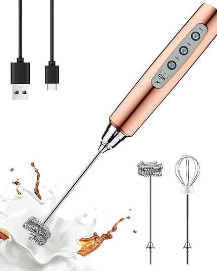 YUSWKO Rose Gold Handheld Milk Frother Wand for Coffee, Rechargeable Electric Whisk with 3 Heads 3 Speeds Drink Mixer Coffee Frother For Latte, Cappuccino, Hot Chocolate, Egg