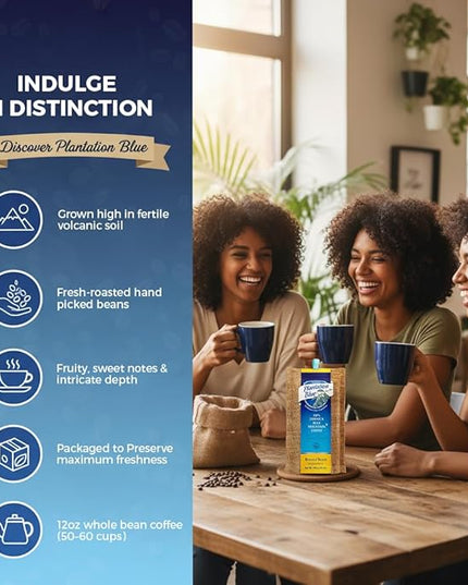 Plantation Blue 100% Blue Mountain Coffee from Jamaica, Medium Roasted Whole Beans (12oz)