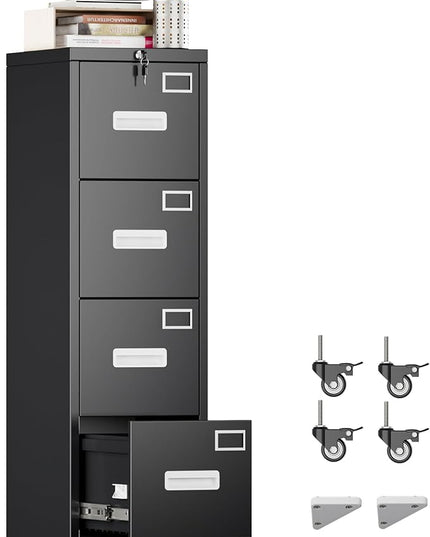 METAN 4 Drawer File Cabinet on Wheels, Lockable Metal Filing Cabinet with Handle and Name Card for Office Home,Assembly Required,Black