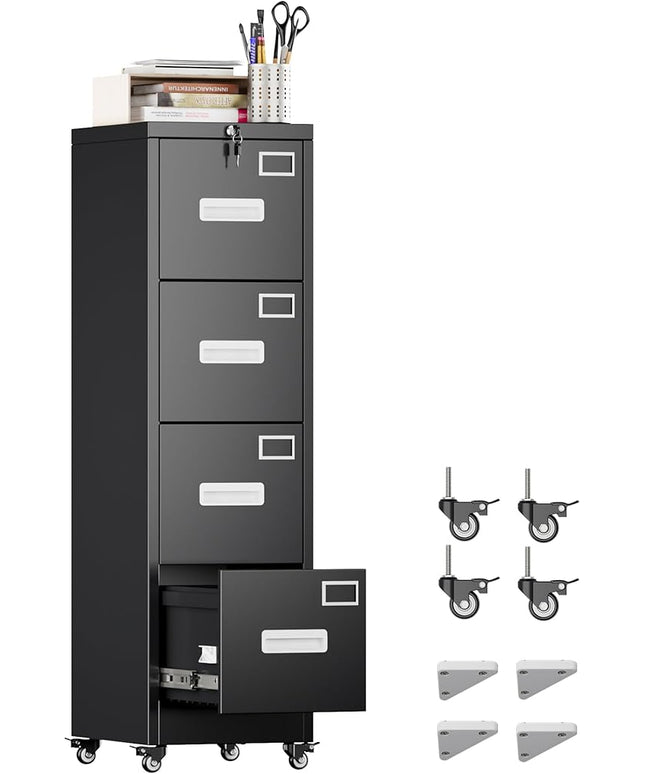 METAN 4 Drawer File Cabinet on Wheels, Lockable Metal Filing Cabinet with Handle and Name Card for Office Home,Assembly Required,Black