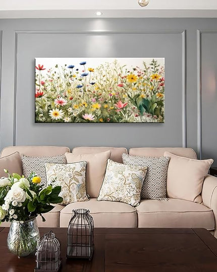 KZKU Watercolor Floral Botanical Prints Wildflower Pictures Wall Decor Colorful Plant Paintings Canvas Prints 24" x 48" Wall Art for Living Room Bedroom Office Home Decor Ready to hang
