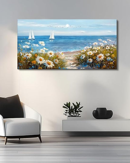 PHAOHUAXM Home Decor Printing Canvas Picture Blue Ocean Landscape Painting Wall Art For Living Room Farmhouse Dinin Mural White Flowers Bedroom Office Wall Decoration Artwork Easy To Hang 20x40 In