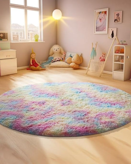 Ophanie Round Rugs 4Ft Rainbow Circle Area Rug, Colorful Unicorn Bedroom Dorm Decor for Teen Girls, Cute Fluffy Fuzzy Plush Soft Shaggy Living Room Carpet for Kids Baby Home Aesthetic Nursery Playroom