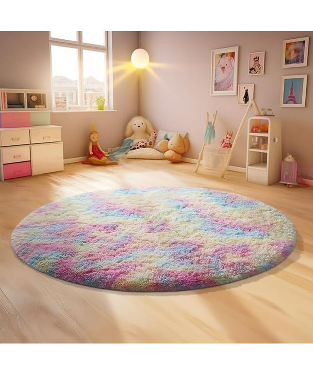 Ophanie Round Rugs 4Ft Rainbow Circle Area Rug, Colorful Unicorn Bedroom Dorm Decor for Teen Girls, Cute Fluffy Fuzzy Plush Soft Shaggy Living Room Carpet for Kids Baby Home Aesthetic Nursery Playroom