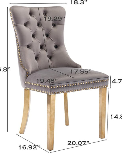 SoarFlash Velvet Dining Chair Set of 4, Upholstered Tufted Dining Room Chair with Nailhead Trim and Solid Gold Plated Leg for Kitchen (Grey)