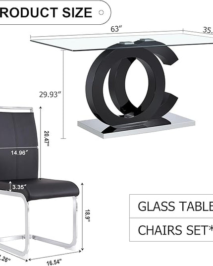 Ebullient Dining Table Set for 6 ，7 Piece Dining Table Set,Tempered Glass Table Top，Modern Dinner Room Table with 6 PU Leather Ergonomic Dining Chairs