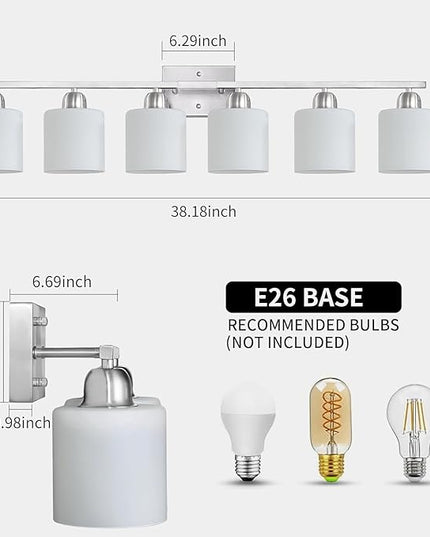 Brushed Nickel Vanity Light for Large Mirror, 6 Light Bathroom Lighting Fixtures Over Mirror with Milky White Frosted Glass Shades, 38 inch Bathroom Light for Mirrors, E26 Socket
