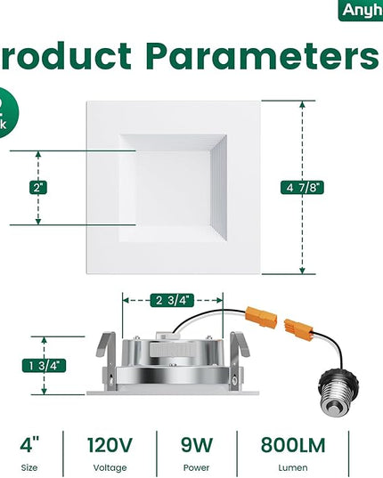 4 Inch Led Recessed Lights Square,Led Downlight Square White,with Baffle Anti-Glare,5CCT 2700K-5000K Dimmable,9W 800LM,ETL & ES(12 Pack)