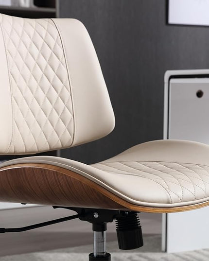 Home Office Chair No Arms with Wheels, Adjustable Height Small Desk Chair, PU Leather Mid Back 360 Swivel Computer Chair, Armless Modern Walnut Chair for Office, Reading Meeting Room(Beige)