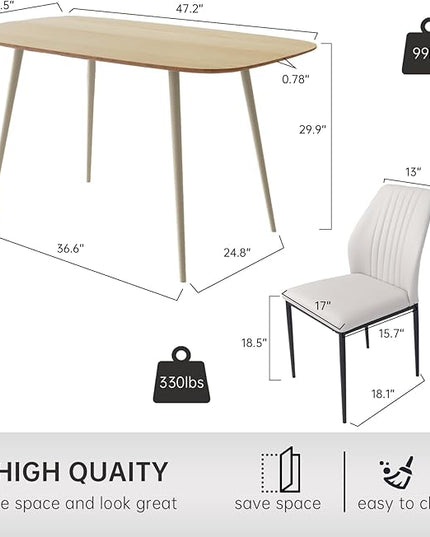 47.2'' Dining Table Set for 4,Modern Wood Dining Table,Leather Dining Chairs 4,Table and Chairs Set of 4,Ideal for Kitchen Dining Room (Cat Scratch Table + 4 White Chairs, 47.2")