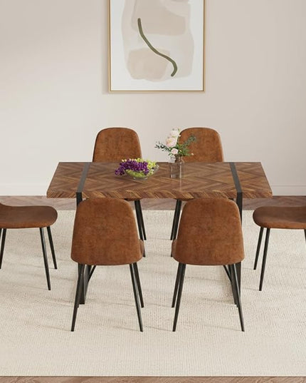 FURNITO 55" Dining Room Table Set for 6, Mid Century Modern Dining Table Set with Upholstered Chairs, Rustic Dark Wood Kitchen Table and Chairs Set for Living Room, Space-Saving & Easy Assembly