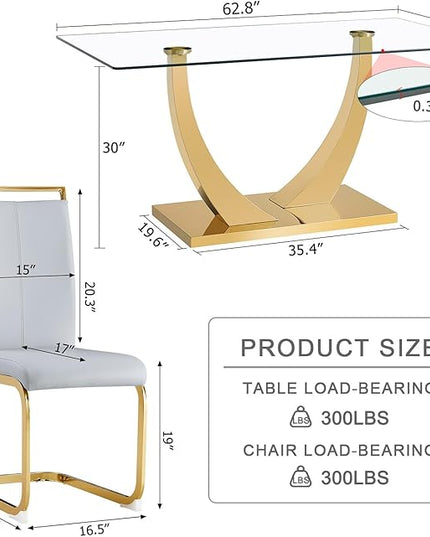 63” Glass Dining Table Set for 6,Gold Dining Room Table Set for 6,Modern Kitchen Table and PU Leather Chairs for 6, Rectangle Tempered Glass Top and Golden Base