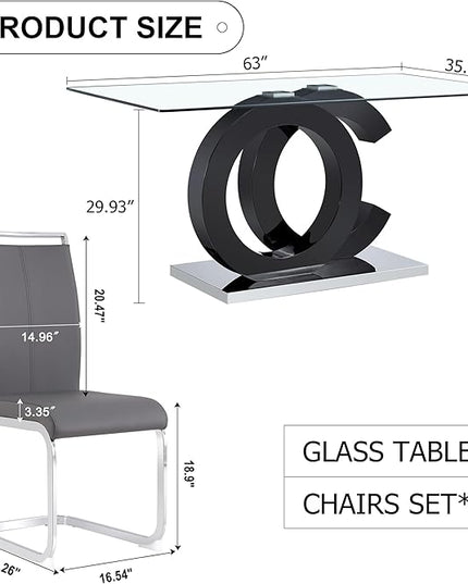 Ebullient Glass Dining Table Set for 6 ，7 Piece Dining Table Set,Tempered Glass Table Top，Modern Dining Room Table with 6 PU Leather Ergonomic Dining Chairs