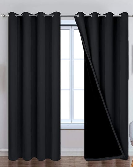 Yakamok 84 Inch Length 100% Blackout Curtains for Bedroom, 2 Thick Layers Thermal Insulated Grommet Total Blackout Drapes with Black Liner for Living Room (52Wx84L,Black, 2 Panels)