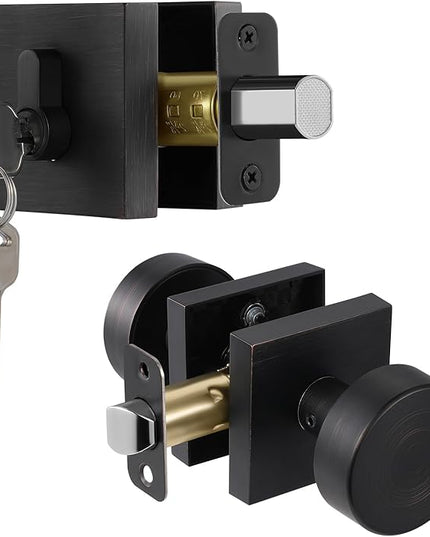 Exterior Door Knob with Single Cylinder Deadbolt Lock Set, Round Entry Door Knob with Deadbolt Locksets, Front Door Lock Set, Front Door Handle and Deadbolt Set, Oil Rubbed Bronze