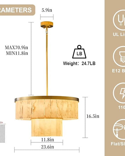 Alabaster Chandelier 2-Tier D24 Brass Round Chandeliers, Modern Dining Room Chandelier Marble Pendant Light for Living Room, Bedroom, Foyer, Kitchen, Entryway Gold(Include Bulbs)