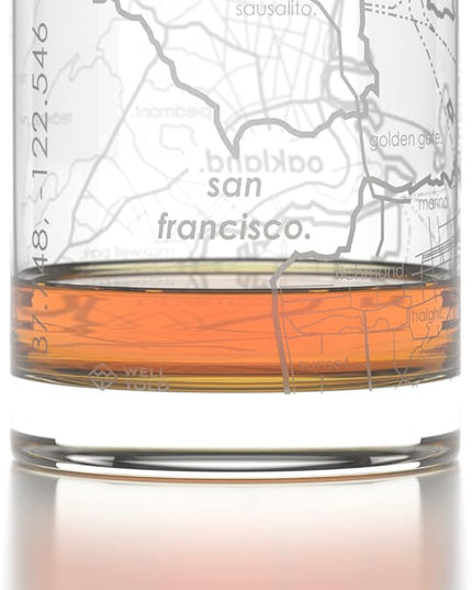 Well Told Engraved San Francisco California Map Rocks Glass, Old Fashioned Whiskey Glass (11 oz, Clear) Etched Whiskey Glass, Gifts For Whiskey Lovers