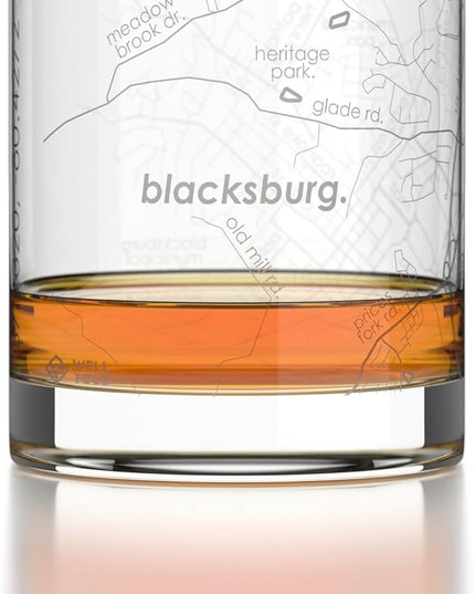 Well Told Engraved Blacksburg Virginia Map Rocks Glass, Old Fashioned Glassware (11 oz, Clear) Etched Bourbon Tumbler, Gifts For Whiskey Lovers