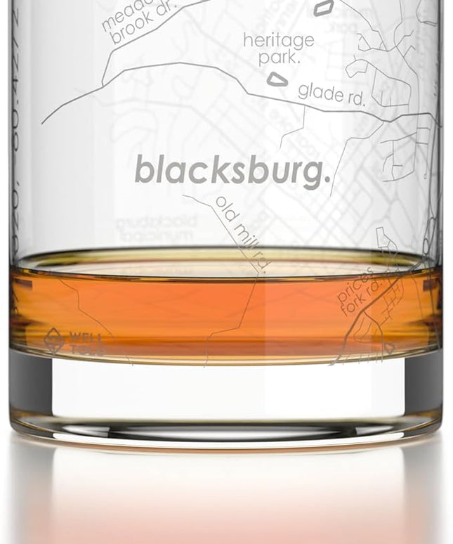 Well Told Engraved Blacksburg Virginia Map Rocks Glass, Old Fashioned Glassware (11 oz, Clear) Etched Bourbon Tumbler, Gifts For Whiskey Lovers