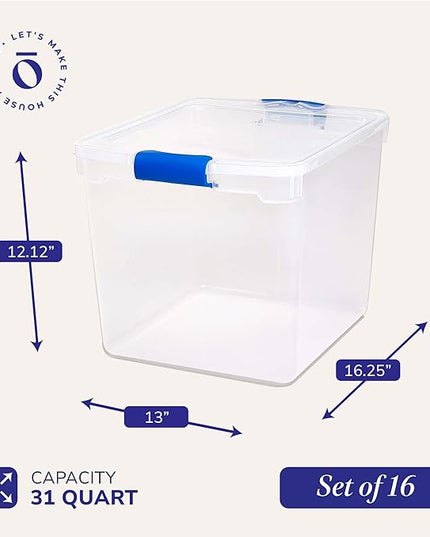 HOMZ Heavy Duty Modular Clear Plastic Stackable Storage Tote Containers with Latching and Locking Lids, 31 Quart Capacity, 16 Pack