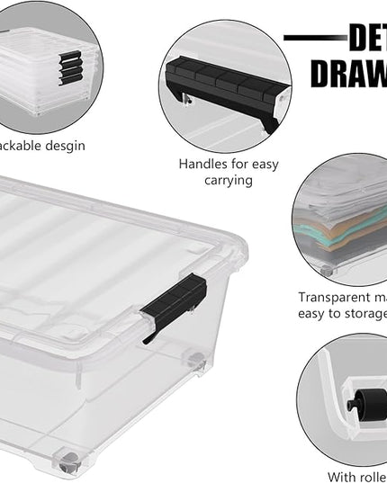 25 Quart Under Bed Clear Latch Bin with Wheel, Plastic Under Bed Storage Box, 4 Pack