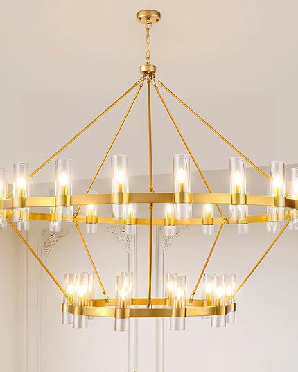 60 Inch Gold Wagon Wheel Chandelier with Glass Shade, 30 Lights, 2 Tier Round Modern Farmhouse Chandelier, High Ceilings Pendant Lighting Fixture for Dining Room, Living Room, Kitchen, Foyer